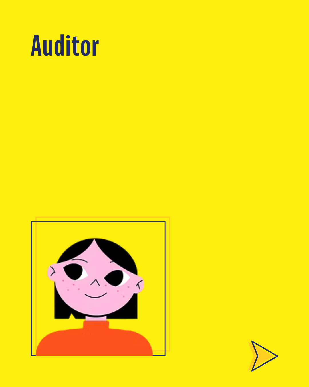 An illustration of a young person with light pink skin, black hair, and freckles, wearing an orange top. Used to represent the auditor role in local office.