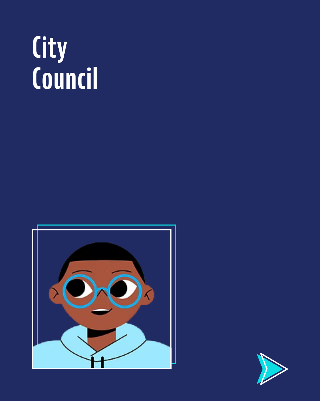 An illustration of a young person with dark skin, short hair, and blue glasses, wearing a light blue hoodie. Used to represent city council in local office.