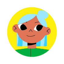 An illustration of a young person with medium brown skin and light blue hair styled in a top bun and straight bangs, wearing a green top, set against a bright yellow circular background. Used as a decorative representation of a county clerk.