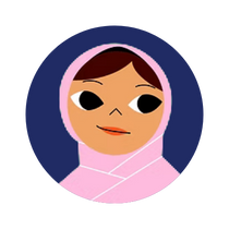 An illustration of a young person with medium brown skin, wearing a light pink hijab and matching top, smiling softly against a dark blue circular background. Used as a decorative representation of a district attorney.